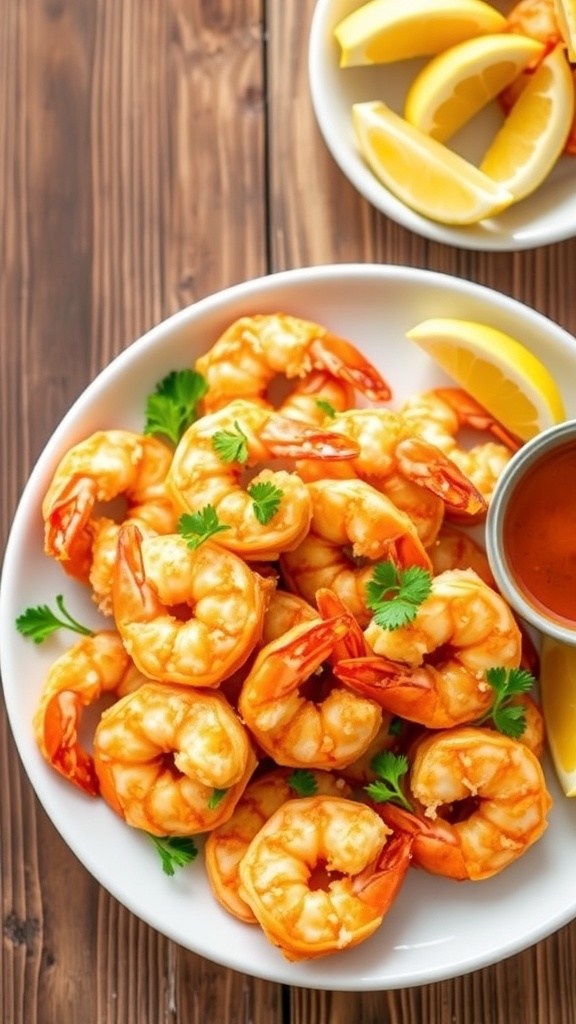 Crispy Air Fryer Shrimp with Old Bay Seasoning Crispy air fryer shrimp with Old Bay seasoning, garnished with parsley and lemon wedges on a rustic table.